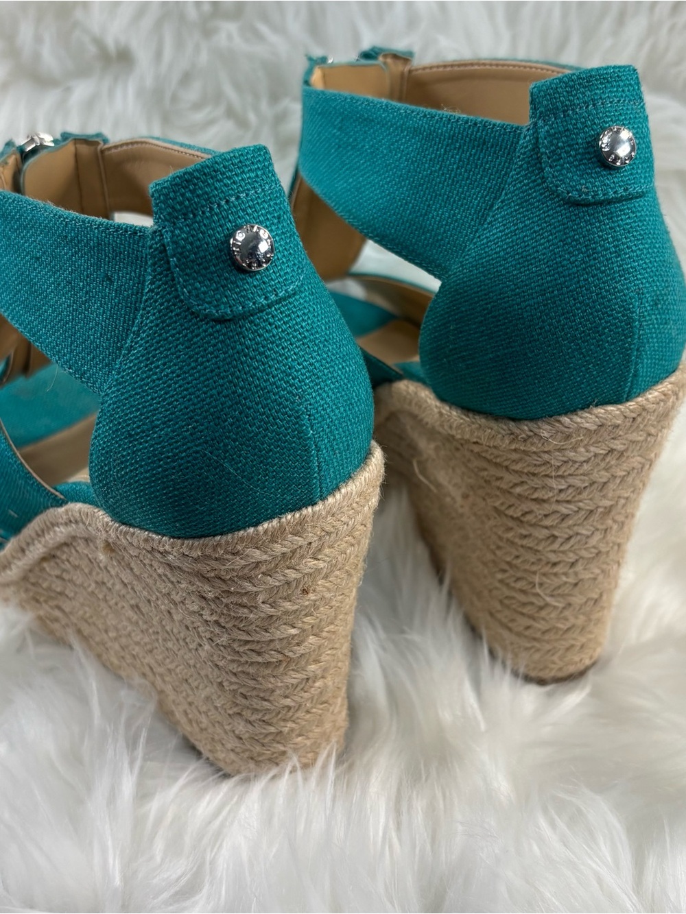 Michael Kors Wedge Teal Canvas Espadrille Sandals - Picture 3 of 12